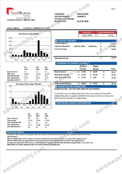 USA NorthWestern Energy utility bill template in Word and PDF format, version 1